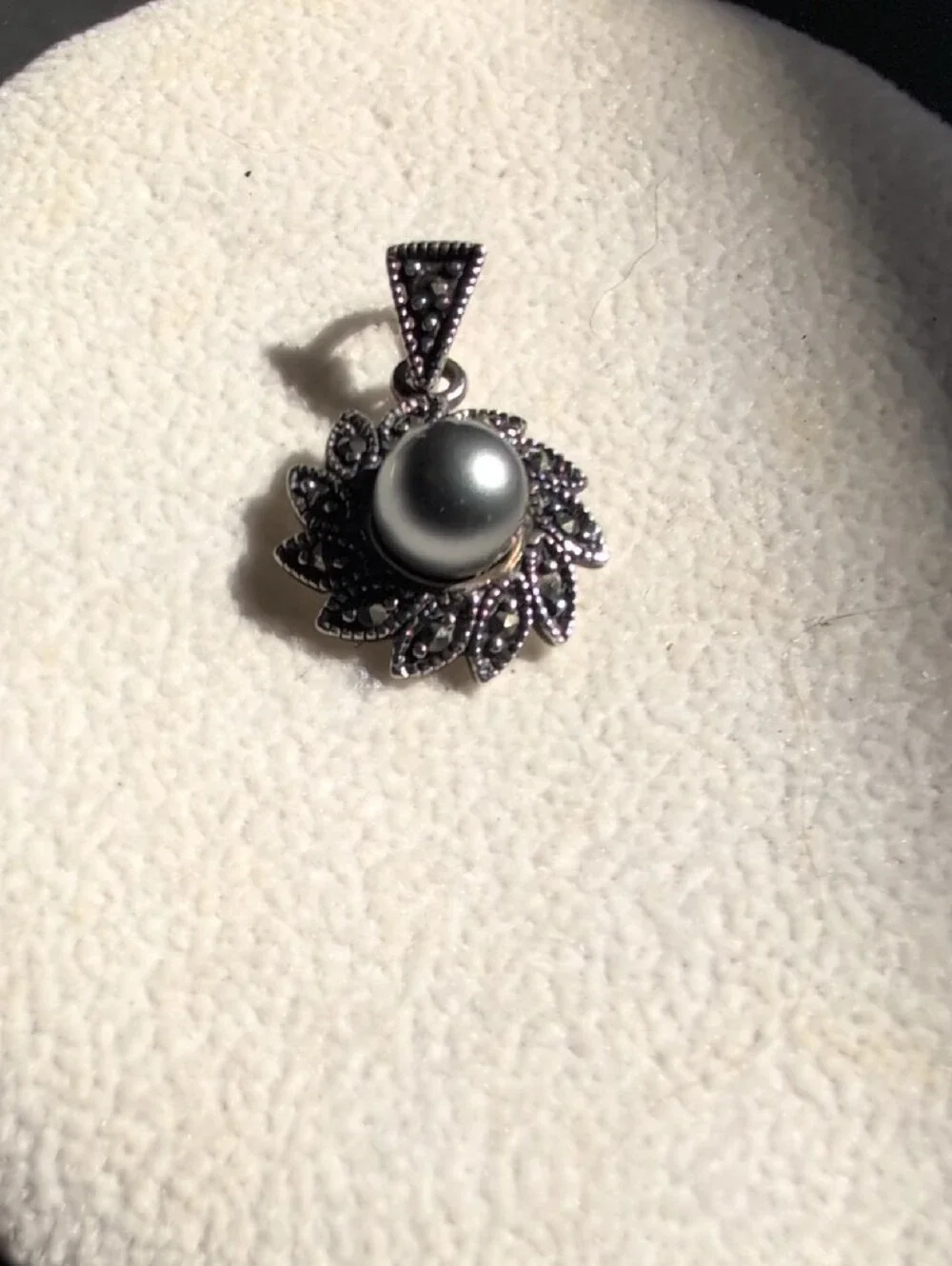 Sterling Silver Marcasite And Grey Pearl Pendant & Earrings Set